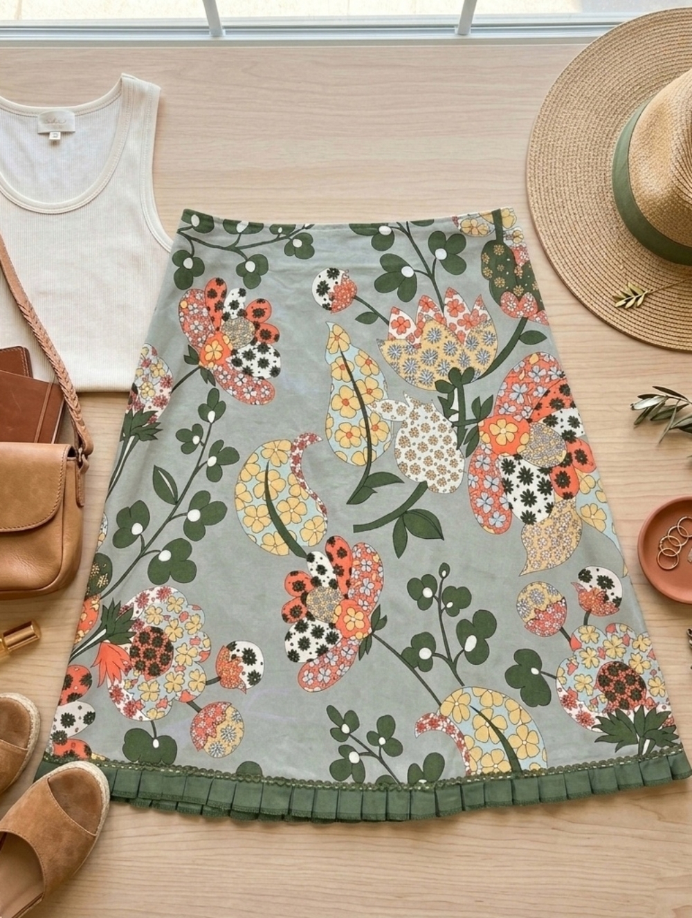 Retro Floral A-Line Skirt sz 8 Sage Green Ribbon Hem Boho Cottagecore Persaman